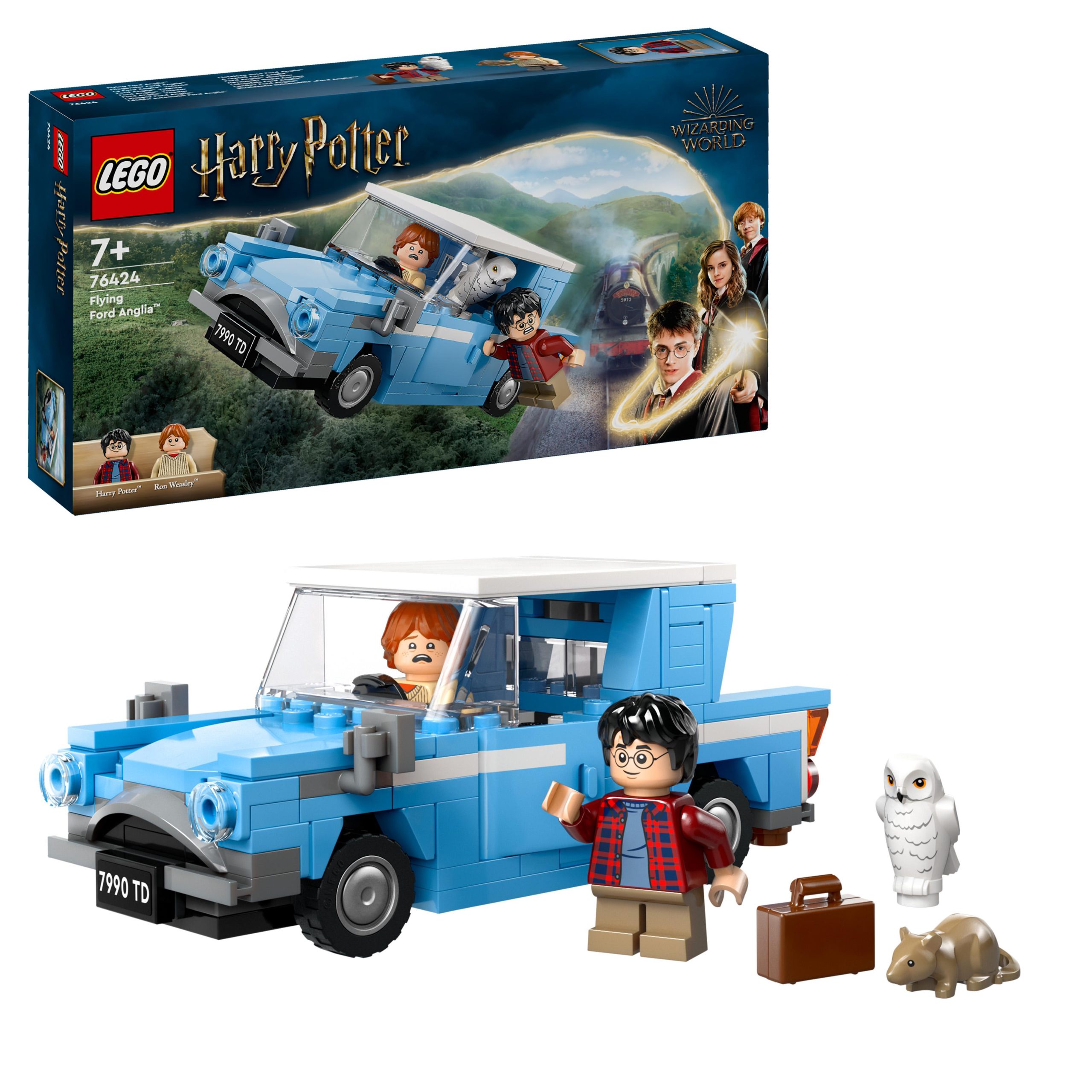 76424_boxprod_v29_WE LEGO Harry Potter Flying Ford Anglia set with blue car, Harry and Ron minifigures, Hermione nearby, owl and luggage beside the vehicle.